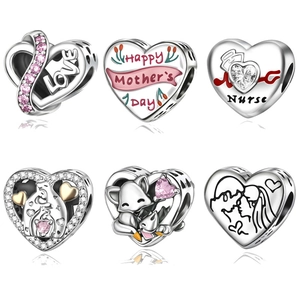 Kupfer Versilbert Herz Charm Für Damen DIY Schmuckherstellung Strass Eingelegt Muttertag Krankenschwester Thema Tier Design Perle Anhänger