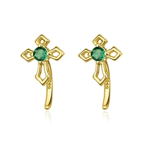 Gouden S925 zilveren kruis oorbellen met een ronde groene zirkoon steeninleg