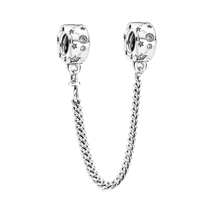 Catena di sicurezza in argento per bracciali con stelle incise e pietre di zircone