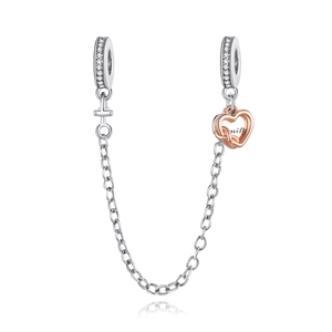 Catena di sicurezza in argento e oro rosa con pavé di cristalli e ciondolo cuore Family