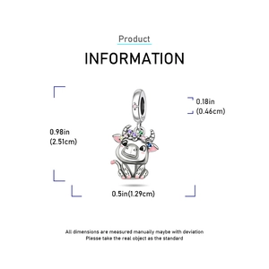 Detailed cow charm with colorful gems and S925 stamp, dimensions 2.51cm by 1.29cm