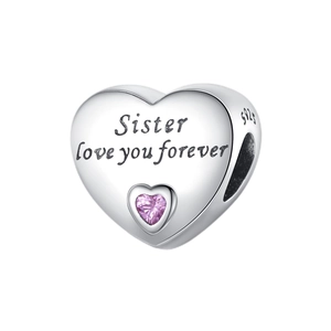 Pendentif cœur en argent avec zircon rose et gravure Sister love you forever