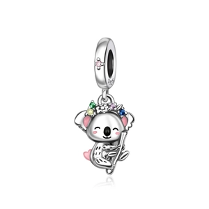 Silver koala pendant charm with colorful gemstone wreath and pink zircon on top