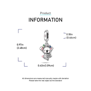 Detail view of S925 sterling silver koala charm with colorful cubic zirconia floral wreath