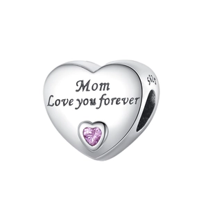 Breloque cœur en argent S925 avec zircon rose et gravure Mom Love you forever