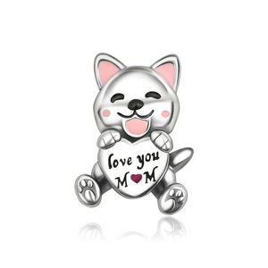 Silver husky dog charm pendant with Love You Mom heart and pink enamel details
