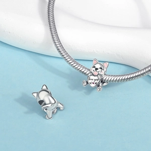 Detail showing S925 sterling silver dog charm with Love You Mom engraved heart on bracelet