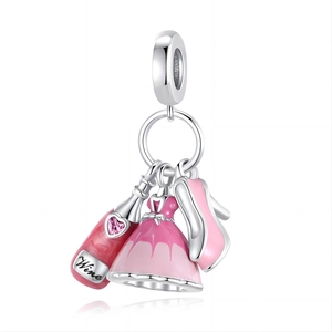 Pink wine bottle, dress and shoe charms set in S925 silver with heart stone