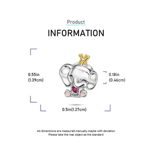 Silver elephant charm with gold crown and heart gem showing size 1.39cm by 1.27cm