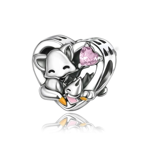 Detailed fox charm with pink heart cubic zirconia in silver-plated copper finish