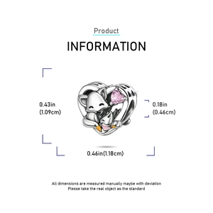 Detailed size specifications of a fox heart charm with pink zircon in 925 silver