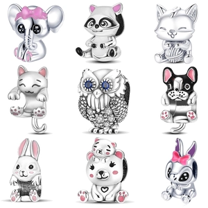 Silver Plated Copper Animal Charms For DIY Bracelet Making Enamel Elephant Raccoon Owl Cat Rabbit Jewelry Beads Accessories