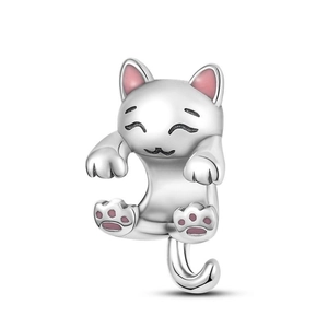 Charming S925 silver cat charm with pink enamel details for DIY pet series bracelets