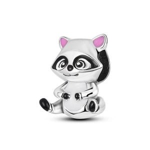 Silver raccoon charm bead with black and pink enamel for DIY bracelets jewelry