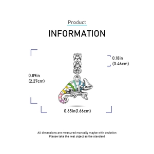 Detailed size specifications of silver chameleon pendant with colorful enamel and leaves