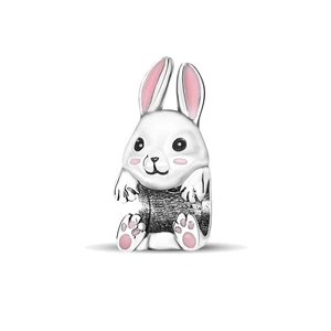 Cute white enamel rabbit charm bead with pink paw prints for DIY jewelry making