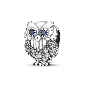 Detailed owl charm with blue gem eyes and clear zircon inlays for DIY charm bracelets