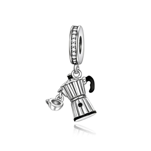Detaillierter Mokka-Kanne Anhänger mit schwarzer Emaille und kleiner Kaffeetasse in Silber