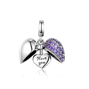 Herzanhänger mit lila Zirkonia und Gravur I Love You in glänzendem Silber