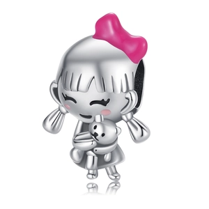 Pendentif fille en argent avec nœud rose et ours pour bracelets à bricoler soi-même