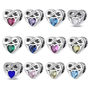 Heart Birthstone Charm Infinity Symbol Silver Plated Copper Cubic Zirconia Pendant For DIY Bracelet Jewelry Accessories