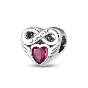 January heart charm with red stone and infinity symbol in silver for bracelets