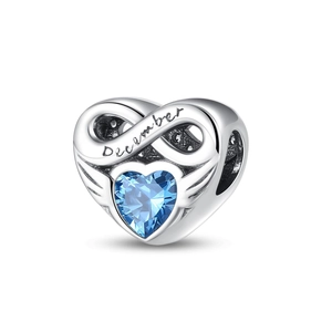 Silver infinity heart charm with blue birthstone and December engraving for bracelets