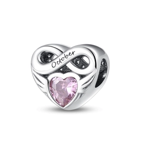 Silver-plated October birthstone charm with pink heart zirconia and infinity design