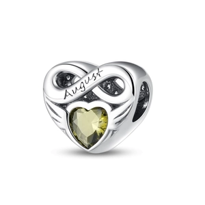 August birthstone infinity heart charm in silver with a vibrant green zircon stone