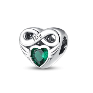 Detail of silver infinity heart charm with green May birthstone for DIY bracelets