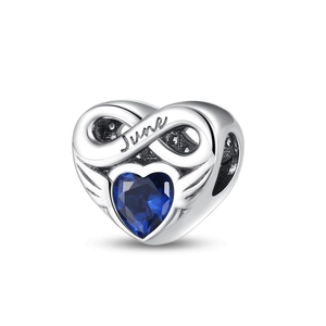 Detailed view of silver heart charm with infinity symbol and blue June birthstone