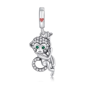Silberner Affen-Anhänger mit weißem Zirkon-Pavé und grünen Edelsteinaugen für Schmuck
