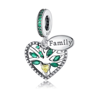 Silver Family Tree of Life heart charm bead with green gemstones for DIY jewelry