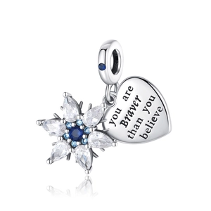 Silver heart and snowflake charm pendant with blue stones and engraved motivational text