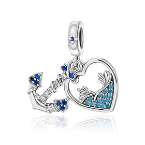 Silver heart and anchor charm with blue zircon and star-patterned loop for bracelets