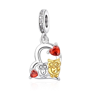 Silver and gold owl heart charm with red zircon stones for DIY charm bracelets