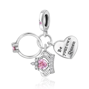 S925 sterling silver crown and heart dangle charm with pink zircon and Queen engraving