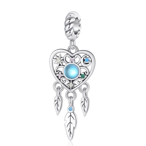 Detail of dreamcatcher heart pendant with blue stone and feathers in silver finish