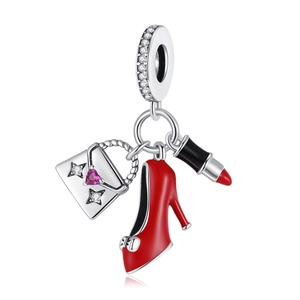 Silver charm set with lipstick high heels and handbag with pink zircon stone