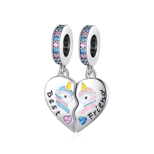 Silver plated unicorn heart best friend charm set with colorful stones and enamel detail