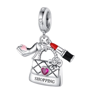 S925 silver charm pendant featuring a high heel shoe, lipstick, and shopping bag for bracelets
