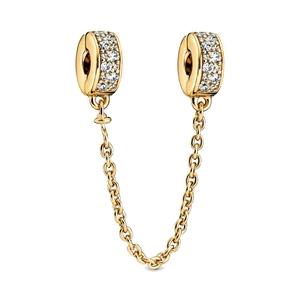 Dettaglio catenina di sicurezza dorata con cristalli pavé per bracciali
