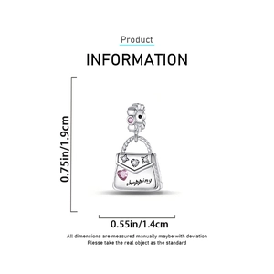 Silver handbag charm for DIY bracelets with pink heart stones and shopping engraving