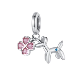 Pendente in argento S925 con quadrifoglio in cristallo rosa e ciondolo cane palloncino