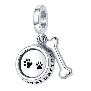 Detail view of silver paw heart charm with bone pendant and Loyal partner engraving