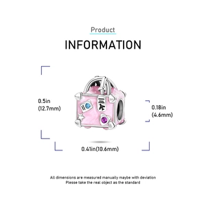 Detail showing dimensions of pink enamel travel suitcase charm with colorful zircons