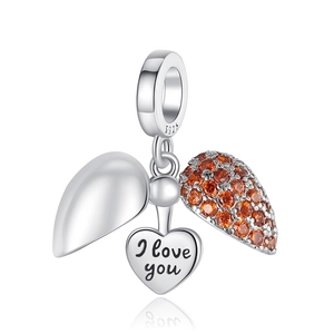 Herz-Flügel-Charm aus Silber mit orangen Zirkonias und I Love You Gravur für Schmuck