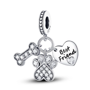 Detail of silver S925 pet charm with bone, paw print and Best Friend heart pendant