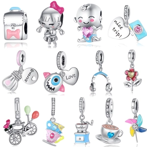 Breloque en Argent Sterling 925 Appareil Photo Tasse de Café Vélo Sac à Dos Zircone Émail pour Création Bijoux DIY