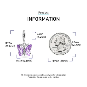 Tabella dettagliata delle taglie del ciondolo a farfalla viola 19,7mm per 10,5mm